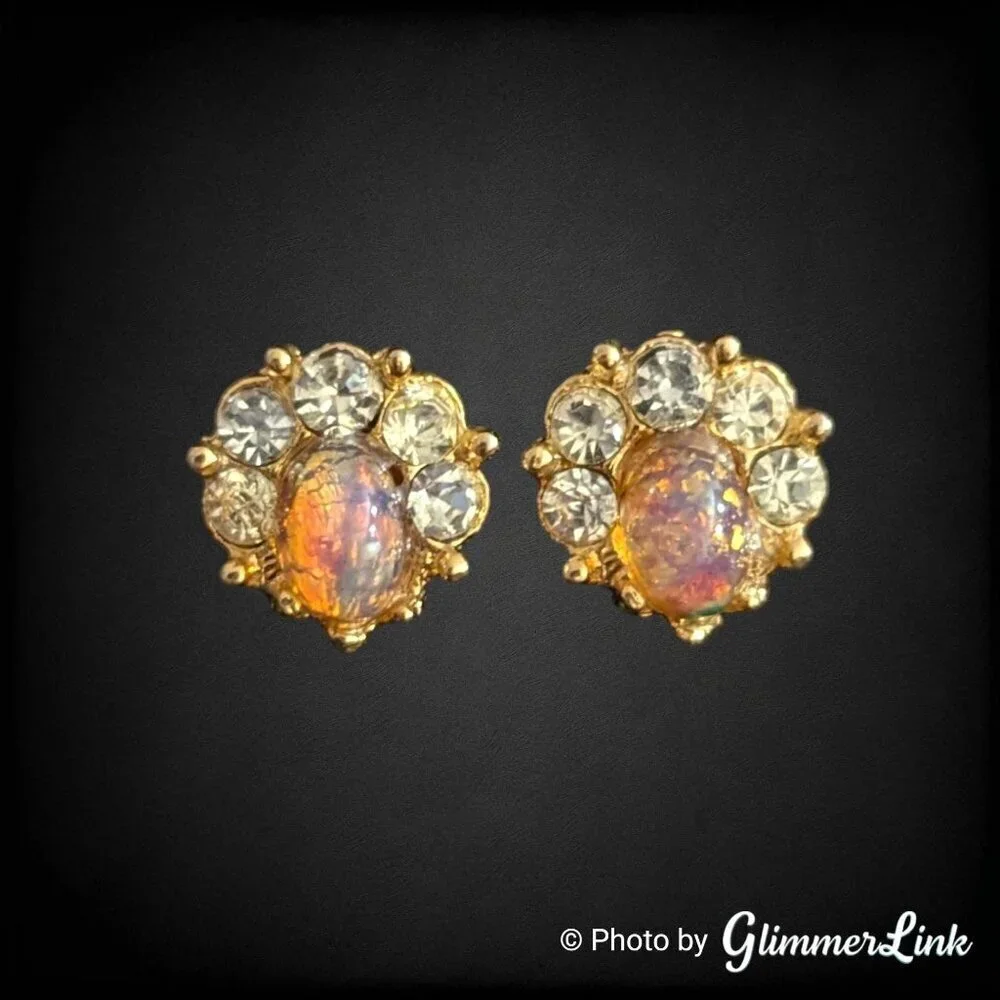 Vintage Faux Opal & Rhinestone Stud Earrings – Gold Tone Dainty 3/8